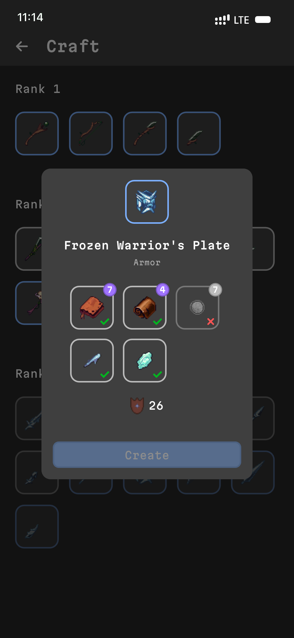 Craft screen showing Frozen Warrior's Plate armor with material requirements