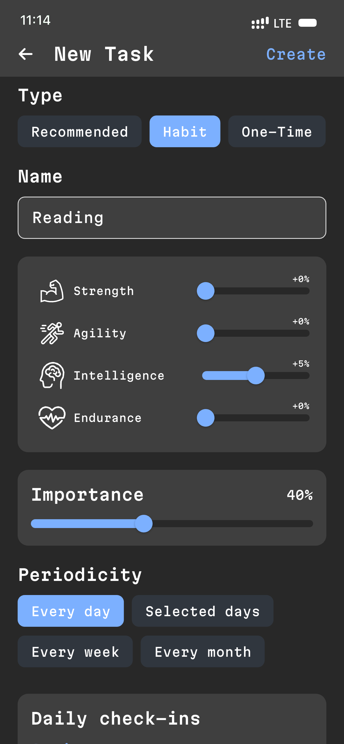 New task creation screen with attribute sliders