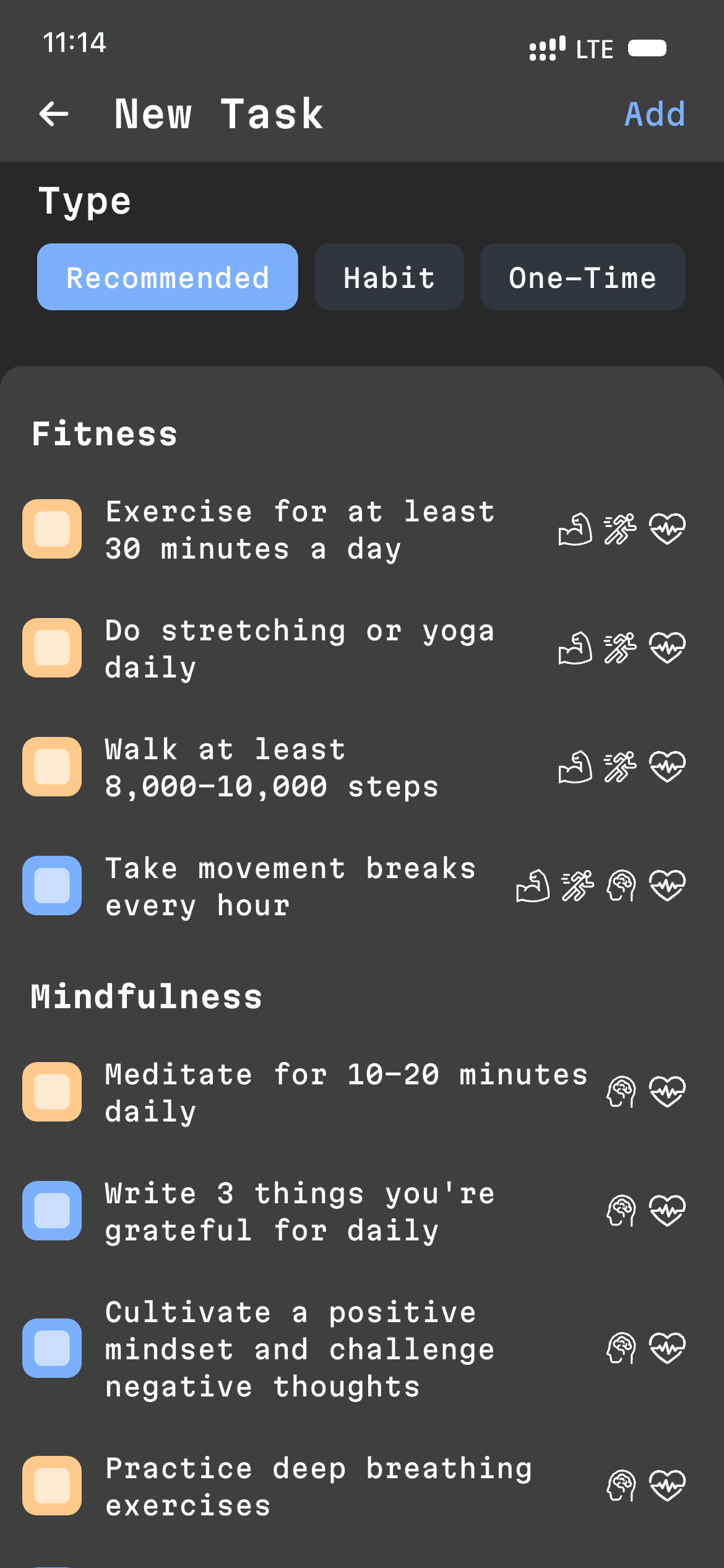 Recommended tasks screen showing Fitness and Mindfulness categories